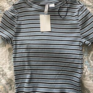 divided blue and black stripped shirt